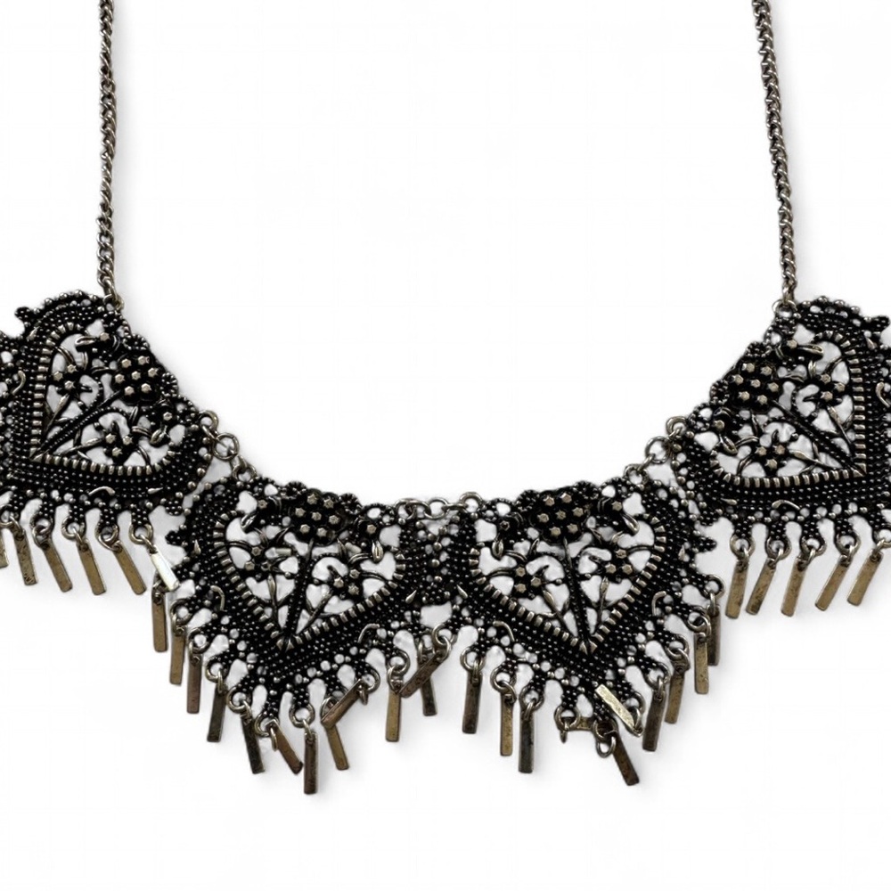 Whimsigoth Silver Tone Tassel Bib Choker Necklace-18”-21”-Indie Sleaze Ren Faire
